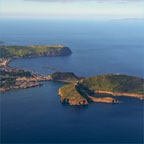 Aerial view of Horta town and harbour